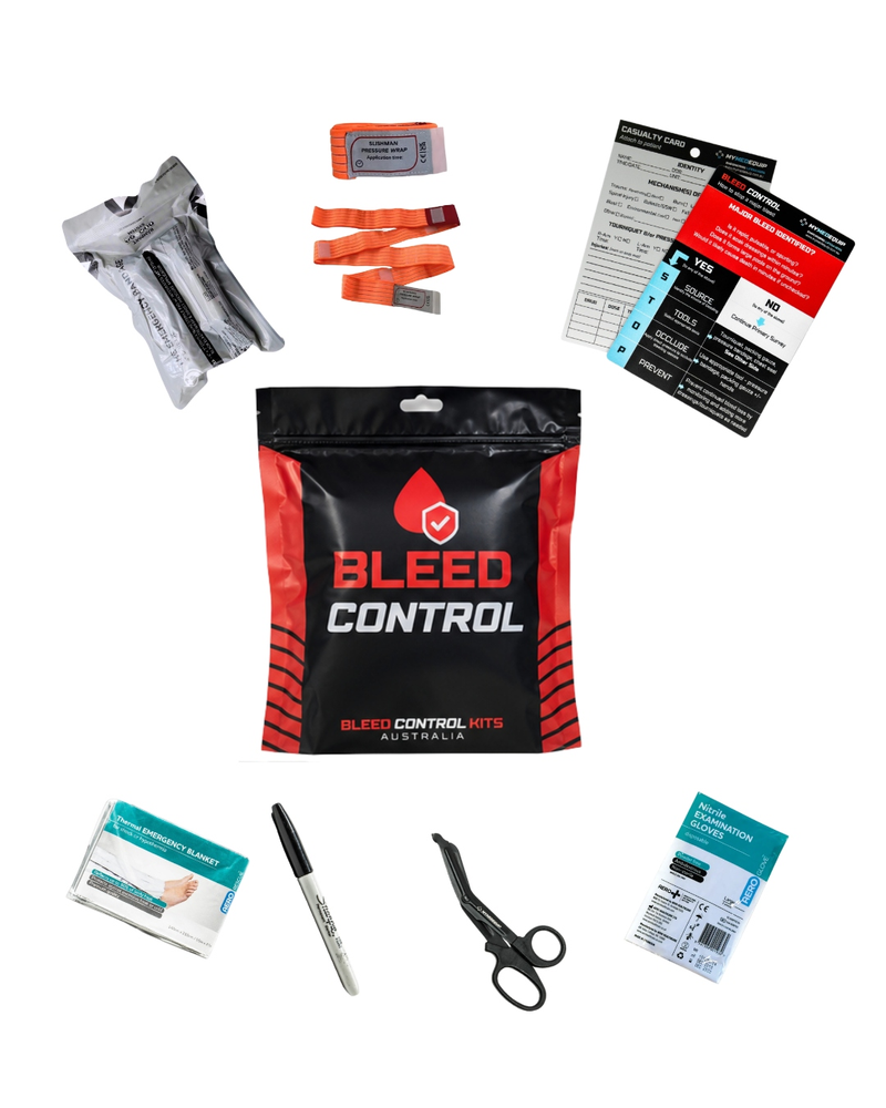 BCKA advanced kit contents — tourniquet, haemostatic gauze, chest seal, scissors